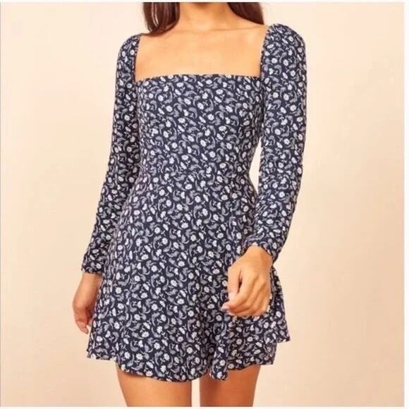 NWOT Reformation Sidecar Long Sleeve Ditsy Floral Mini Fit & Flare Dress Blue 2 - Picture 2 of 6
